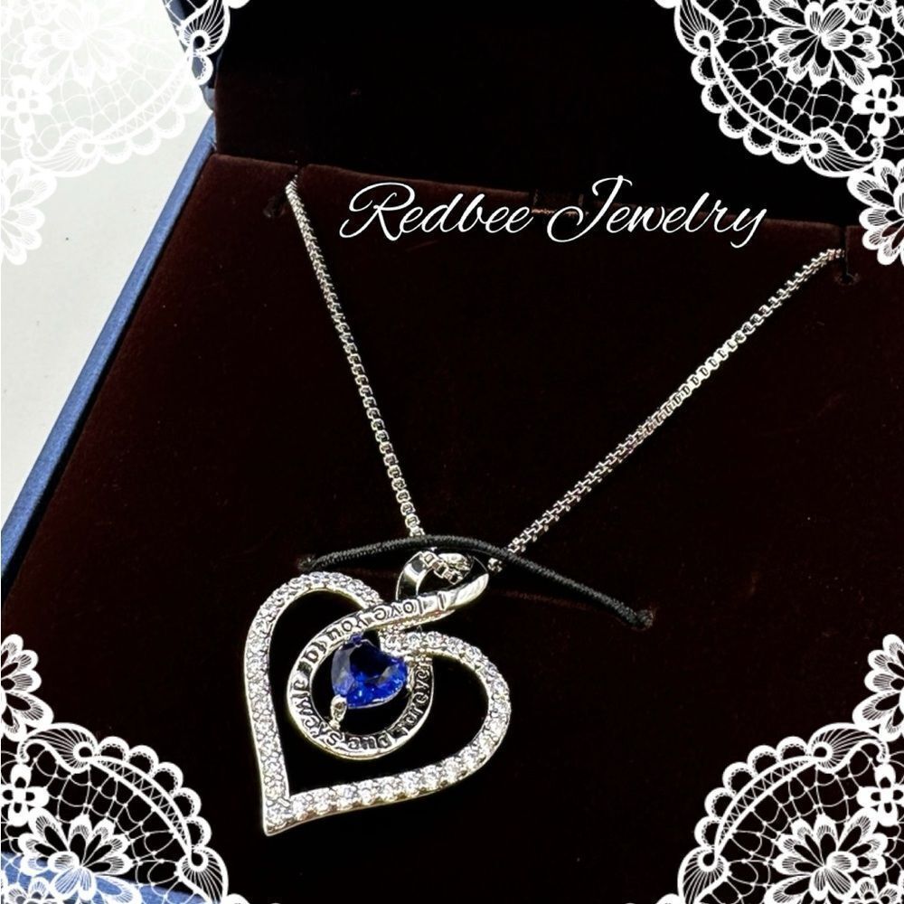NIB Redbee 18k GP white gold heart and blue "sapphire" CZ diamond necklace!